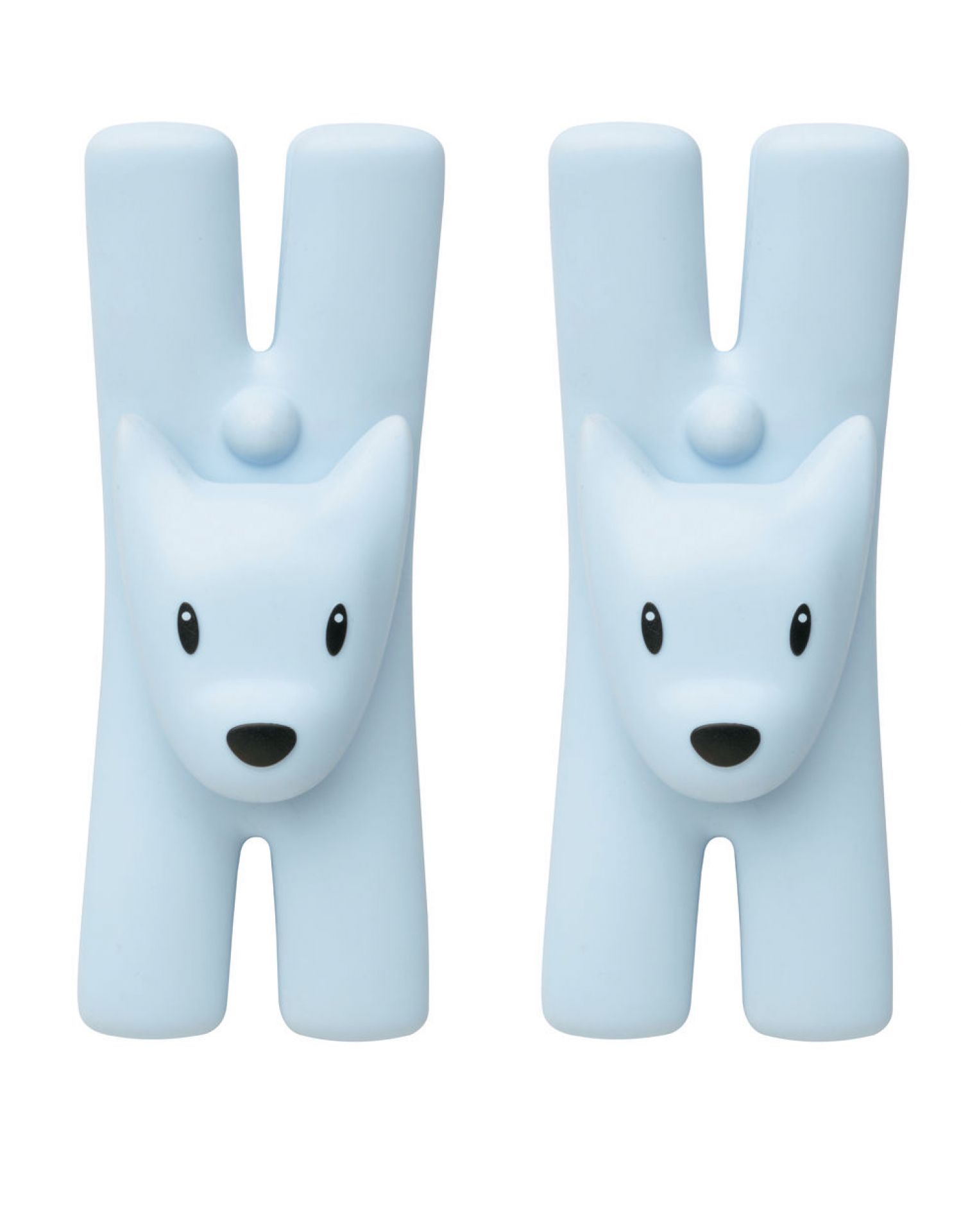 Zwei hellblaue Alessi Giampo Klammern in Bärenform, Wäscheklammern für Kinder, Haushalt.